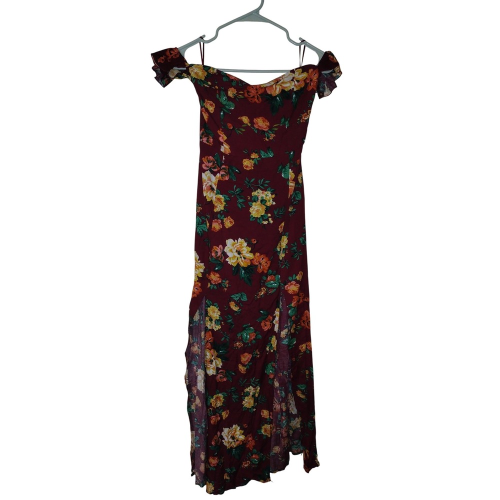 Ambiance Burgundy Floral Smocked Off Shoulder Maxi Dress with Slits Size S